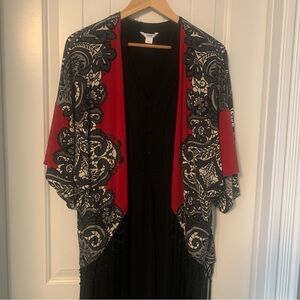 Joseph Ribkoff  red/black shawl, fringe,size 6